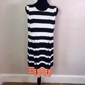 Calvin Klein Size 8 Black White Orange Striped Pleated Shift Dress
